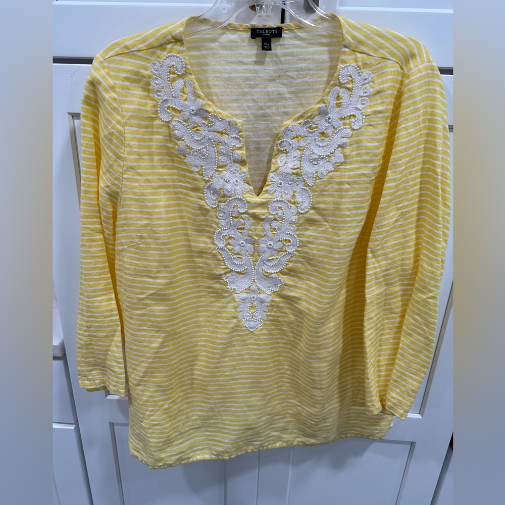 Talbots Top XLP Yellow White Striped Linen Beaded Tunic